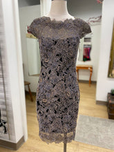 Load image into Gallery viewer, Tadashi Shoji metallic lace overlay dress 2