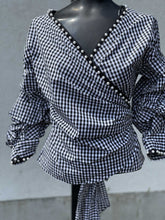 Load image into Gallery viewer, Zara Gingham Pearl 3/4 Sleeve Wrap Top XS NWT