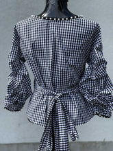 Load image into Gallery viewer, Zara Gingham Pearl 3/4 Sleeve Wrap Top XS NWT