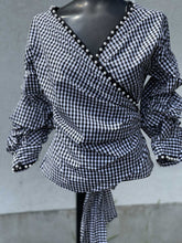 Load image into Gallery viewer, Zara Gingham Pearl 3/4 Sleeve Wrap Top XS NWT