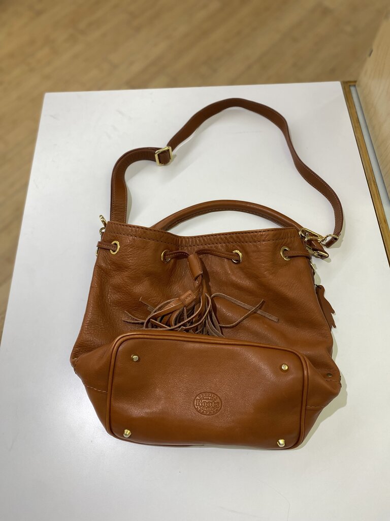 Roots leather drawstring bag