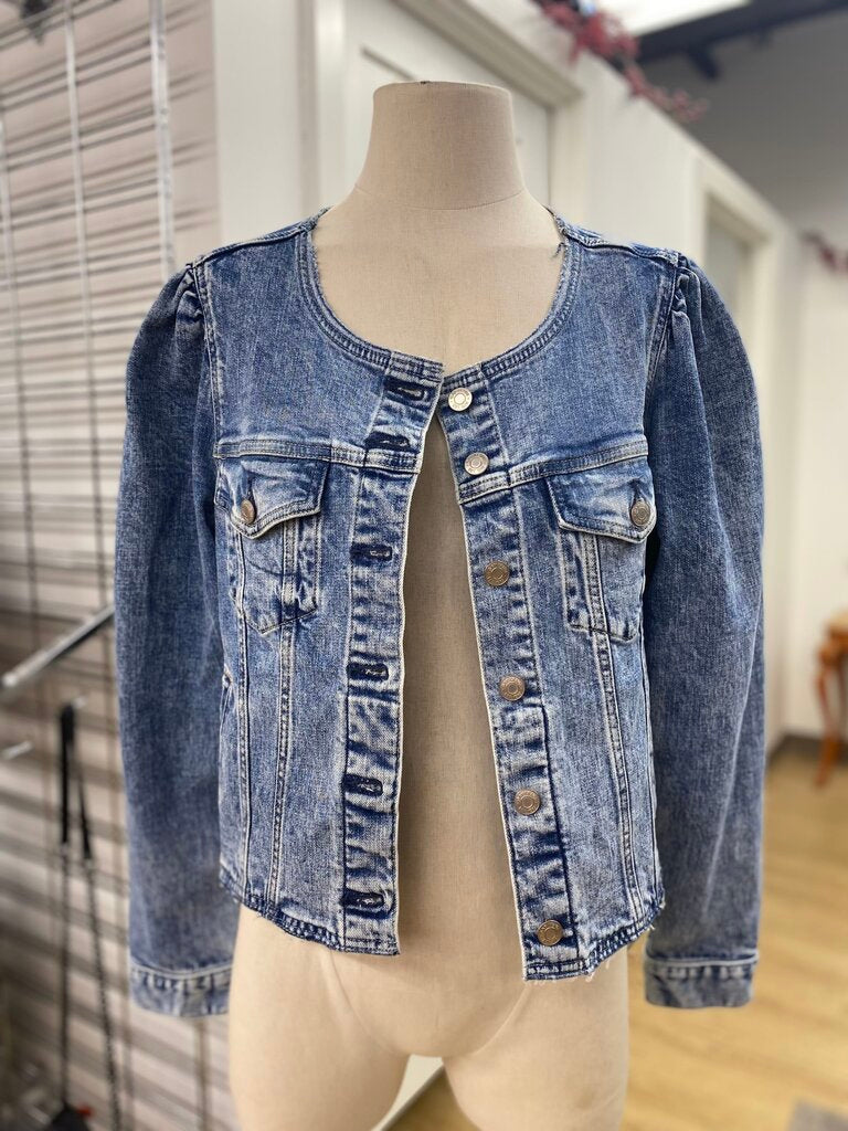 Gap Collarless Puff Sleeve denim jacket L