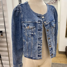 Load image into Gallery viewer, Gap Collarless Puff Sleeve denim jacket L
