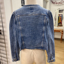 Load image into Gallery viewer, Gap Collarless Puff Sleeve denim jacket L
