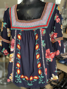 Anthropologie Embroidered Top Short Sleeve S