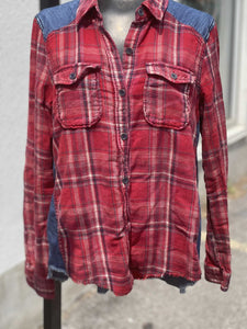Free People Button Up Denim Plaid Top Long Sleeve L