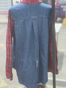 Free People Button Up Denim Plaid Top Long Sleeve L