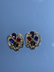 Multi Color Gem Clip On Earrings Vintage