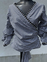 Load image into Gallery viewer, Zara Gingham Pearl 3/4 Sleeve Wrap Top XS NWT
